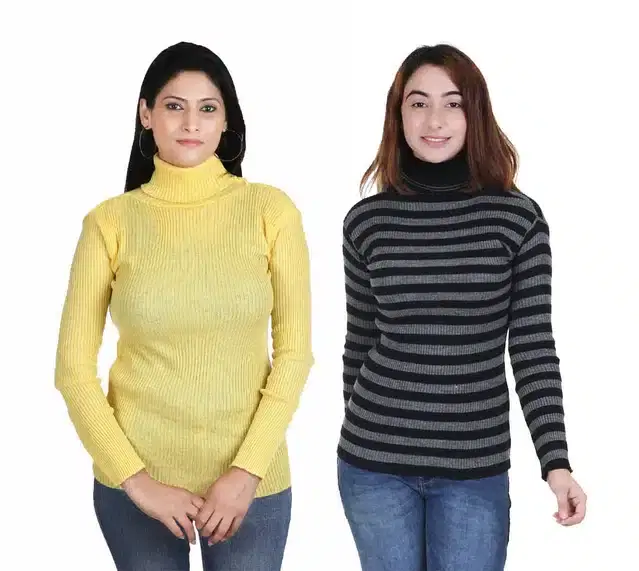 Full Sleeves Solid Sweater for Women, Pack of 2 (Yellow & Grey, L)