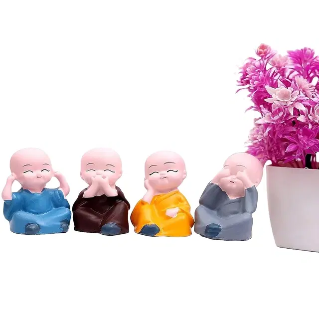 Polyresin Baby Monks Showpiece for Car Dashboard, Multicolor, Pack of 4
