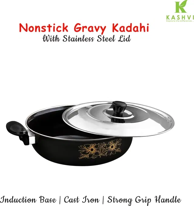 Cast Iron Kadai with Lid, Black & Silver, 28 cm