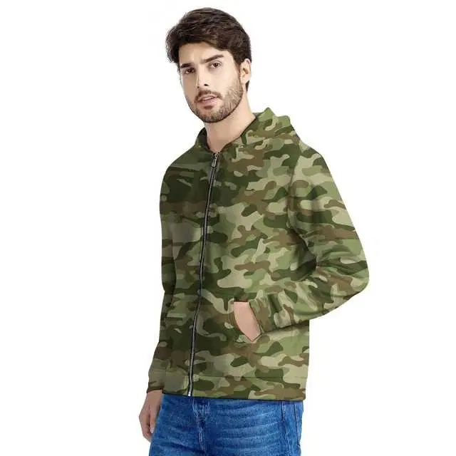 Camo Print Men's Zip Up Hoodie (Green, L) (PV-7)
