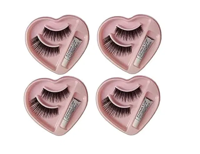 False Eyelashes with Adhesive, Black, Set of 4