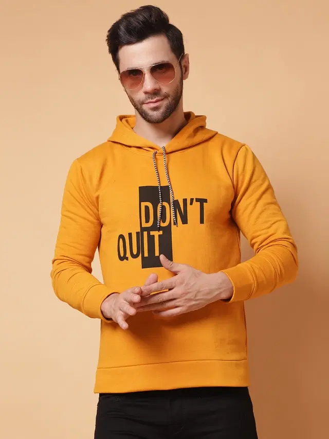 Fleece Printed Hoodie for Men, Yellow (XXL)