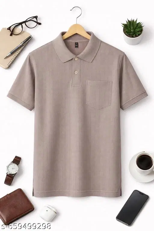 Cotton Blend Solid T-shirt for men, Beige (L)