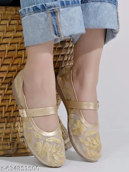 Printed Synthetic Ballerinas for Women (Gold, IND-3)