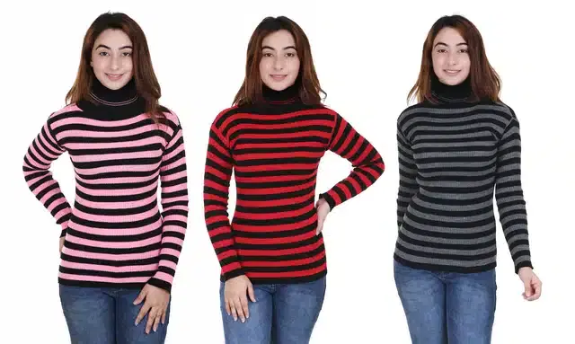Full Sleeves Striped Sweater for Women, Pack of 3 (Multicolor, S)