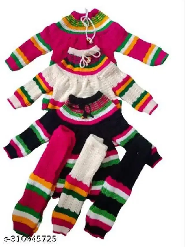 Woolen Sweater & Pant for Girls, Set of 3 (Multicolor, 3-6 Months)