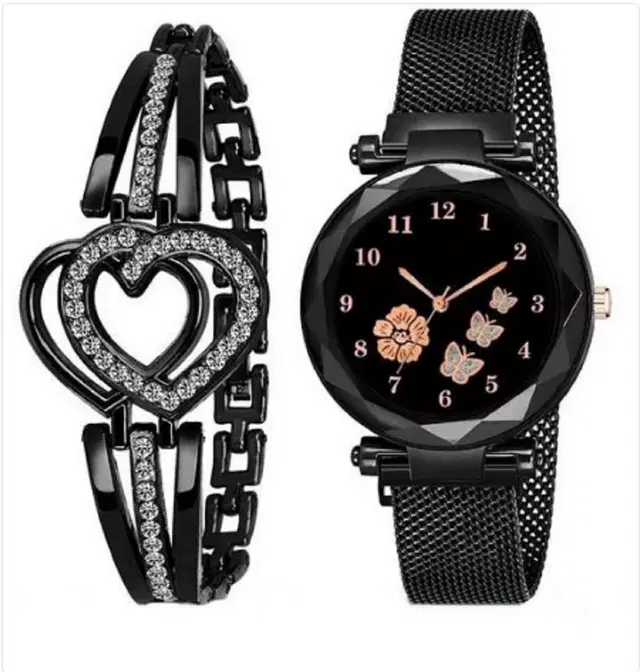 Analog Watch with 2 Pcs Bracelets for Women & Girls, Set of 2 (Black)