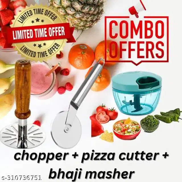 Stainless Steel Pizza Cutter with Masher & Manual Chopper, 450 ml, Multicolor, Set of 3