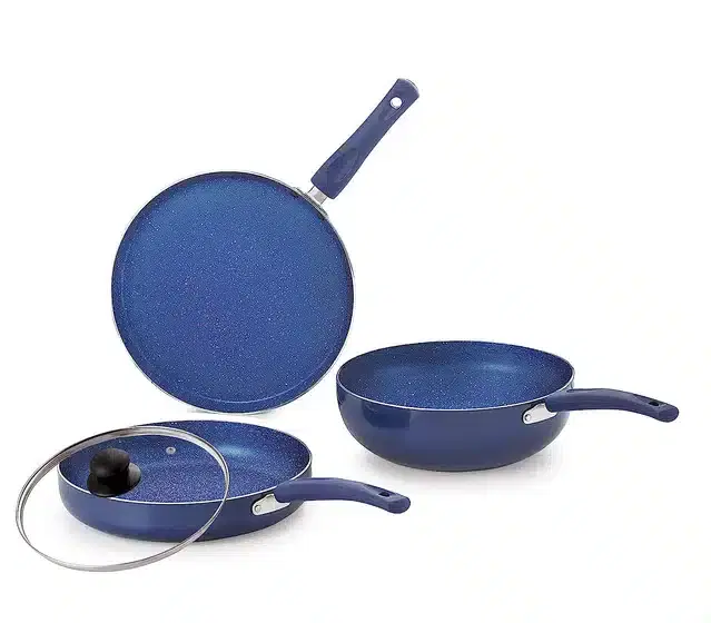 Aluminium Non Stick Tawa, Sauce Pan & Kadahi with Lid, Blue, Set of 3