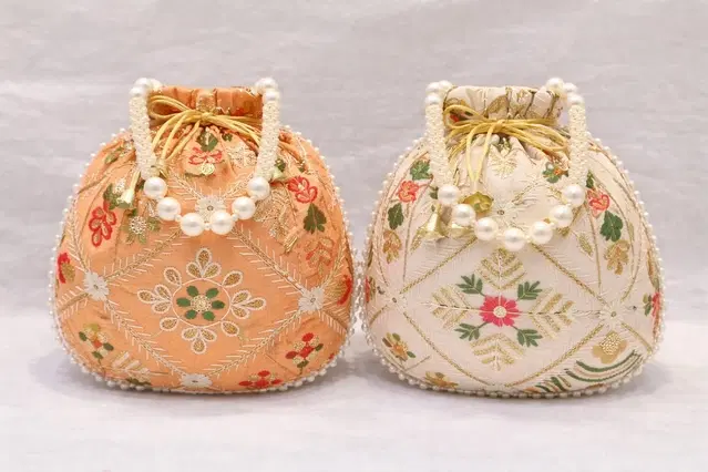 Handcrafted Embroidered Silk Potli Bag, Multicolour, Pack of 2