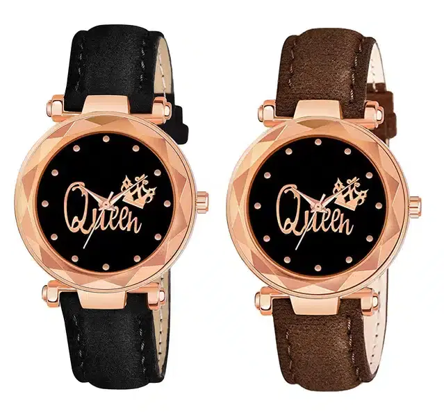 Designer Leather Analog Watch for Women & Girls, Pack of 2 (Black & Brown)
