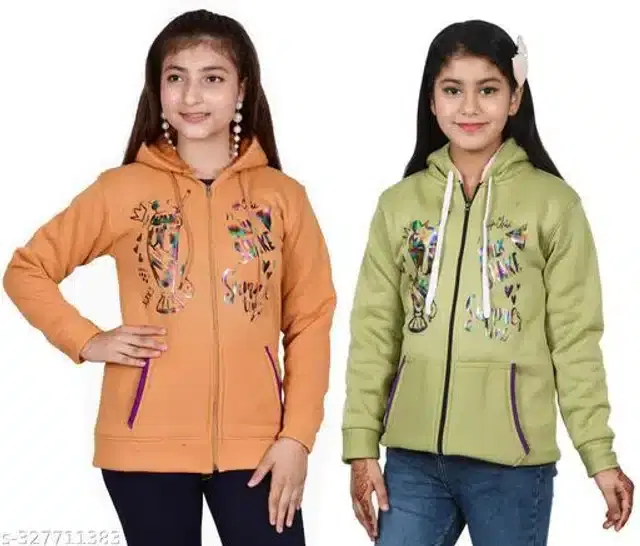 Woolen Full Sleeves Hooded Sweatshirts for Girls, Pack of 2 (Orange & Mint Green, 10-11 Years)