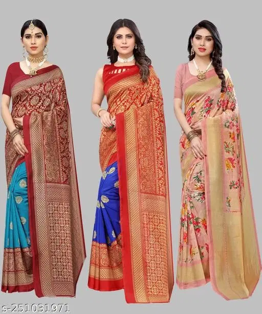 Art Silk Saree for Women, Pack of 3 (Orange, Free Size)