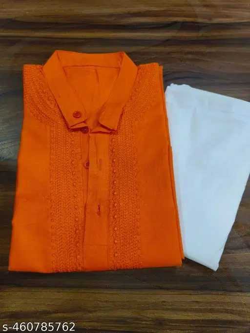 Cotton Solid Kurta Set for Men, Orange & White (M)