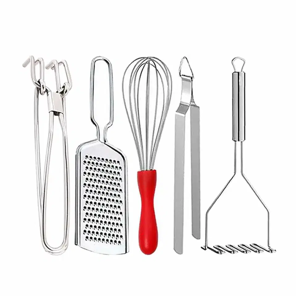 Oc9 Stainless Steel Utility Pakkad & Cheese Grater & Egg Whisk & Roti Chimta & Potato Masher For Kitchen Tool Set, Oc-427