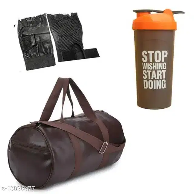Combo of Gym Bag with Shaker Bottle, 400 ml, Gloves, Multicolor, Set of 3