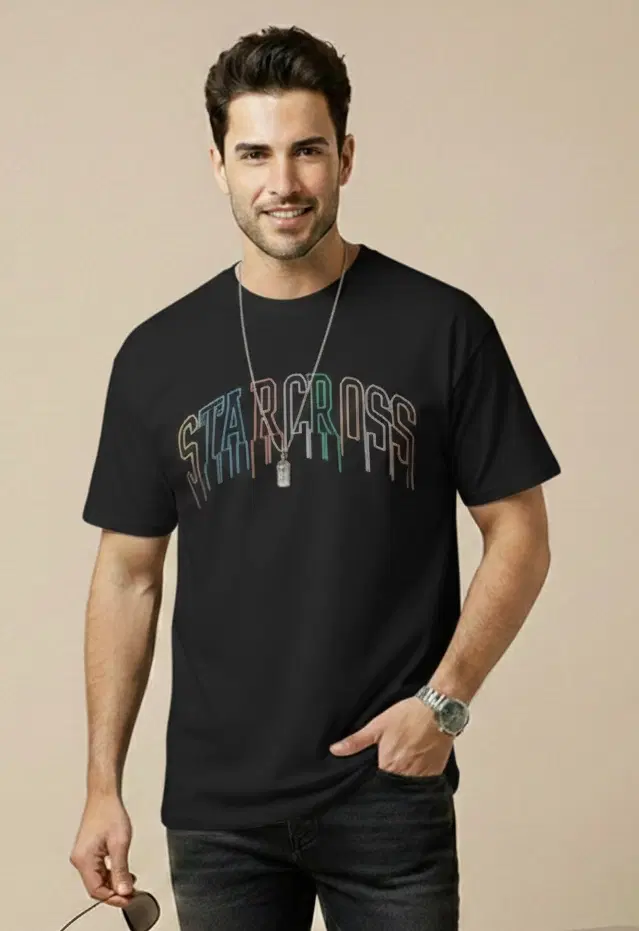 Polyester Printed T-shirt for Men, Black (XL)