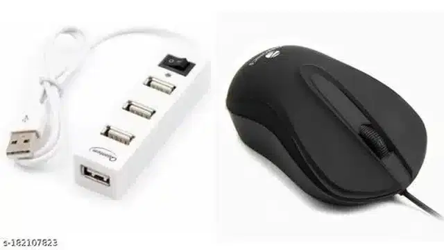 Wired Optical Mouse with 4 Port USB Hub & Power Switch, White & Black, pack of 2