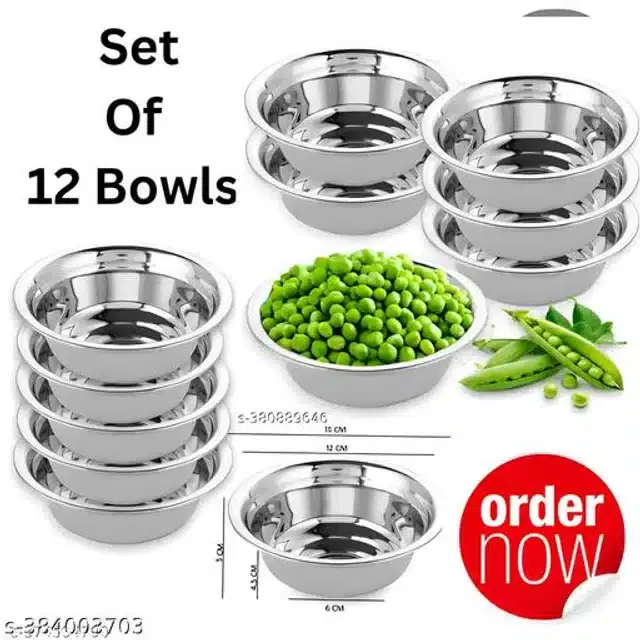 Stainless Steel Bowls, Silver, Pack of 12