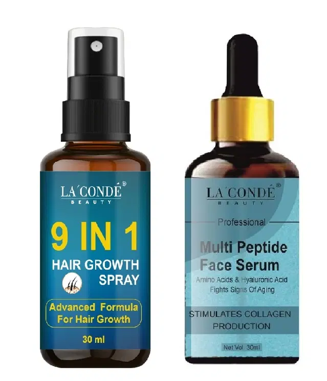 Combo of La'Conde Beauty 9 in 1 Hair Growth Spray & Multi Peptide Face Serum, 30 ml, Set of 2