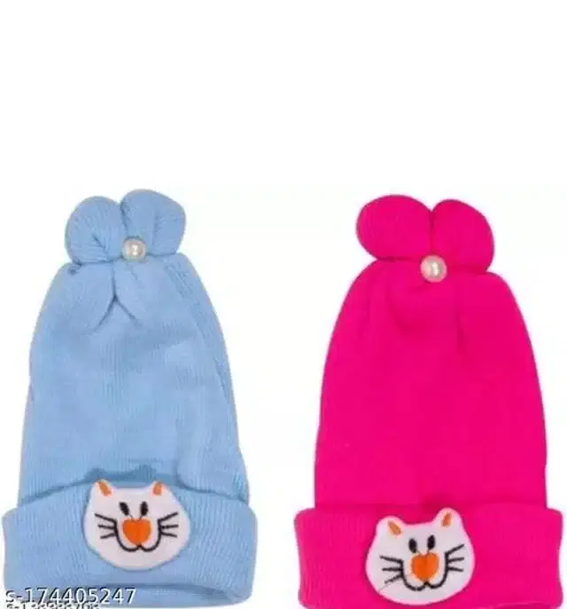 Woolen Winter Cap for Infants, Pack of 2 (Sky Blue & Dark Pink, 0-3 Months)