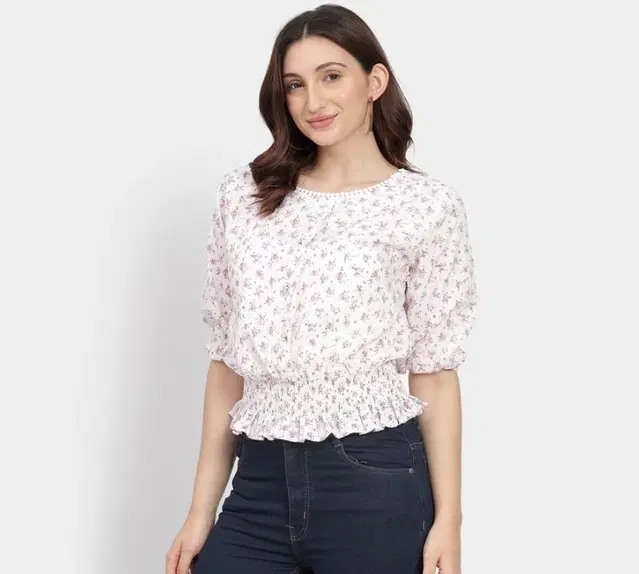 Women's Floral Print Peplum Hem Top, M (Purple)