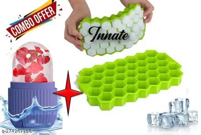 Silicone Ice Cube Tray with Ice Face Roller, Green & Purple, Set of 2