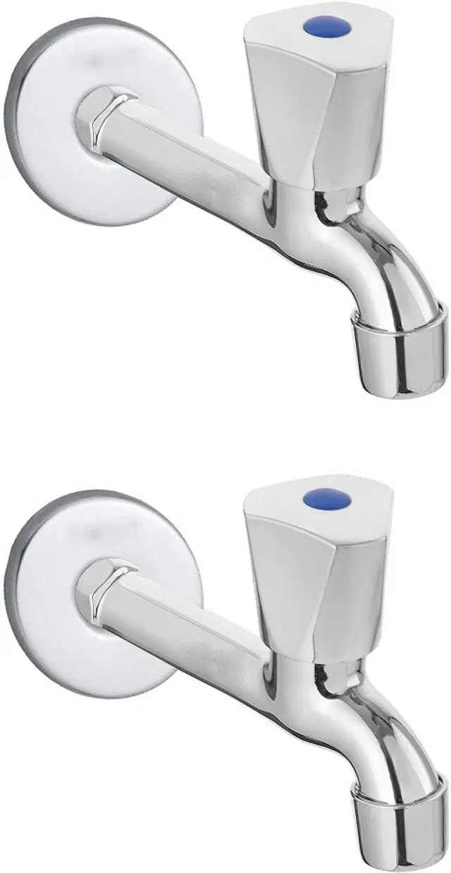 Stainless Steel Long Body Bib Cock Tap with Wall Flange, Silver, Set of 2