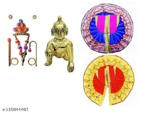 Fabric Laddu Gopal Ji Idol with 2 Pcs Poshak & Jewellery Set, Multicolor, Set of 3