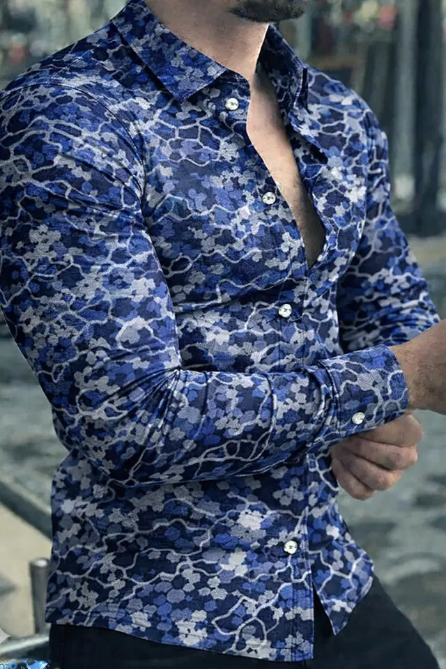 Lycra Geometric Print Shirt for Men, Blue (S)