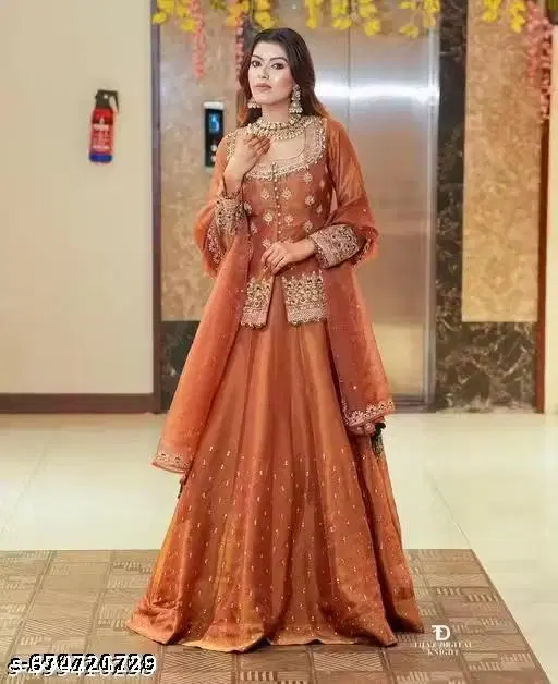 Embroidered Lehenga Choli for Women (Orange, S)