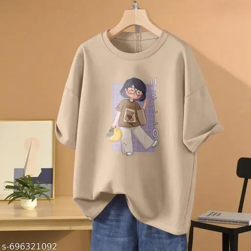 Cotton Blend Printed T-shirt for Women, Beige (XXS)