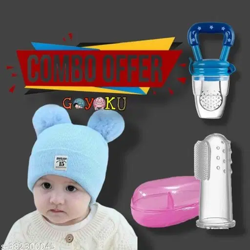 Combo of Solid Cap, Finger Brush with Fruit Nibbler for Baby, Set of 3 (Multicolor)