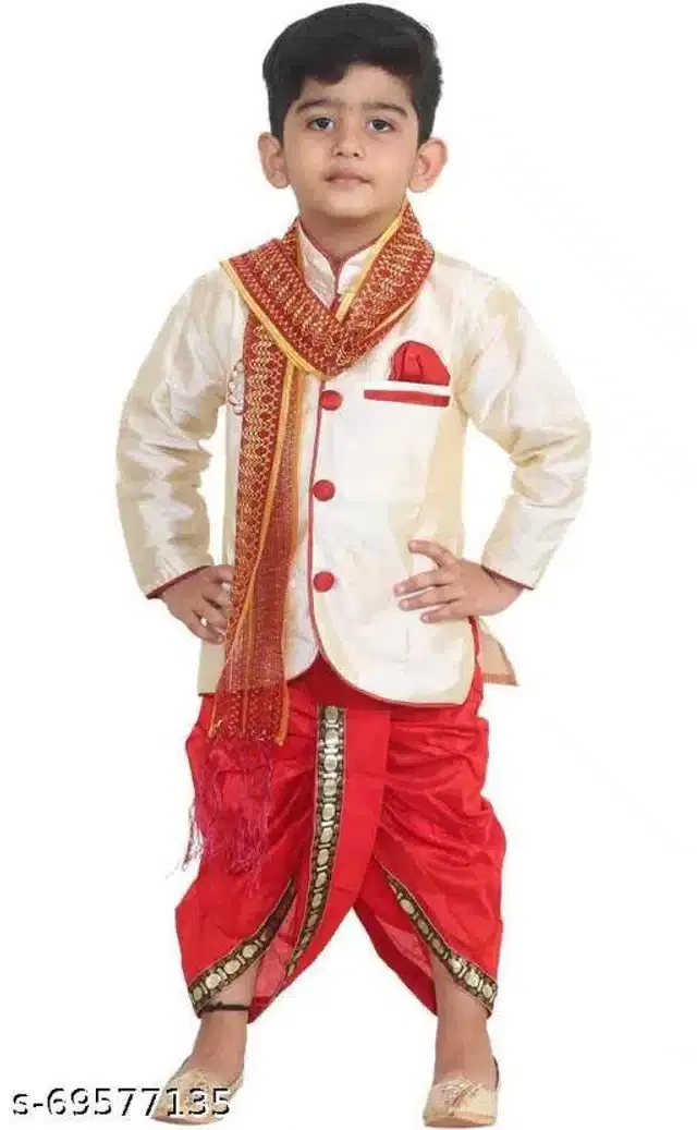 Sherwani Set for Boys (Cream & Red, 6-7 Years)