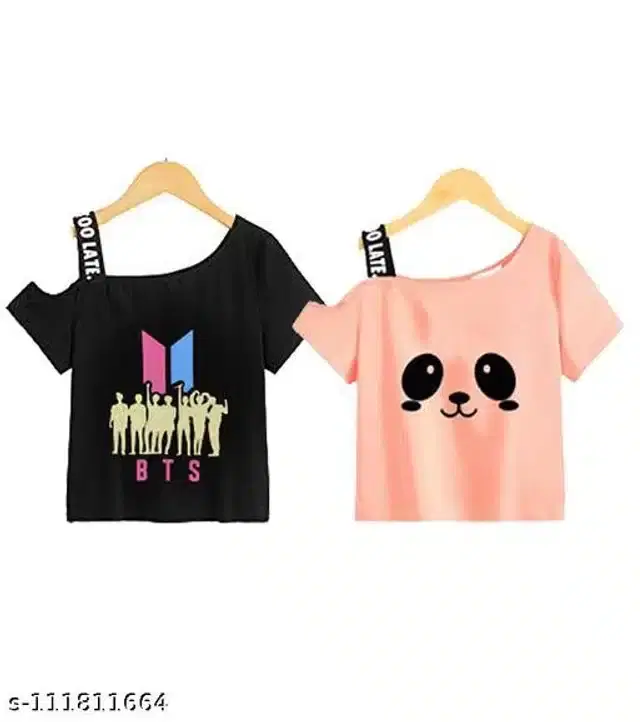 Cotton Half Sleeves Top for Girls, Pack of 2 (Black & Peach, 3-4 Years)