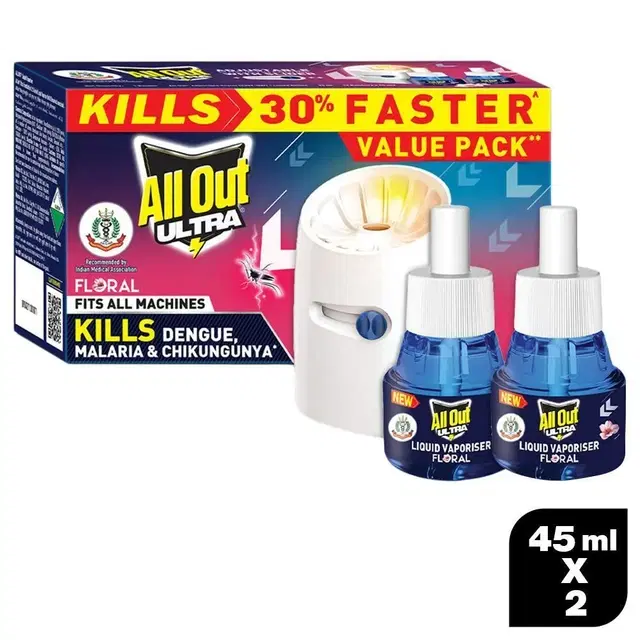 All Out Ultra Floral Fragnance Mosquito Repellant Machine + Refill 45 ml (Pack of 2)