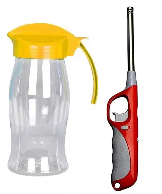 Plastic Leak Proof Oil Storage Container, 1000 ml with Gas Lighter, Multicolor, Set of 2
