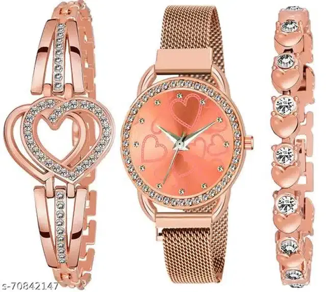 Analog Watch with 2 Pcs Braeclet for Women, Set of 3 (Multicolor)