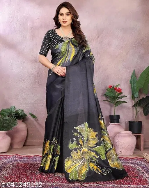 Art Silk Printed Saree for Women, Green & Black (6.3 m)