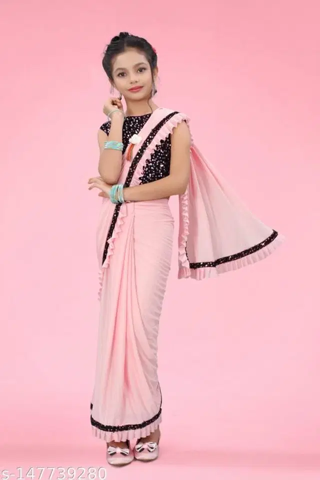 Solid Fancy Saree for Girls with Blouse (Baby Pink, 3-4 Years)