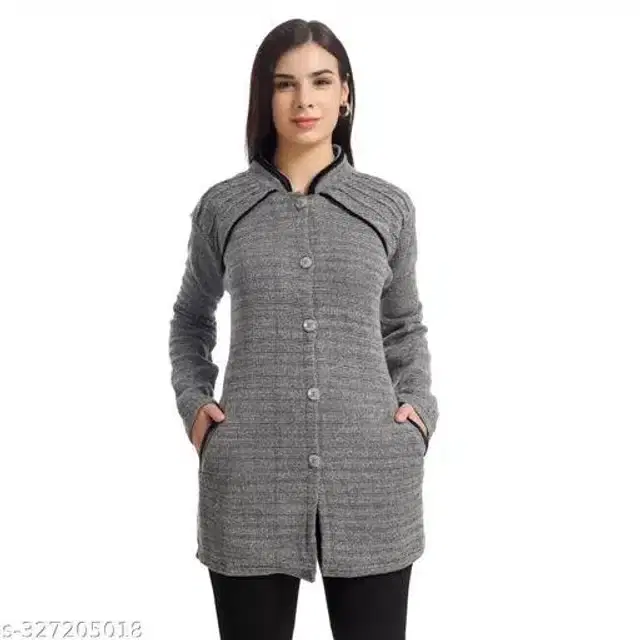 Woolen Full Sleeves Cardigan for Women (Grey, M)