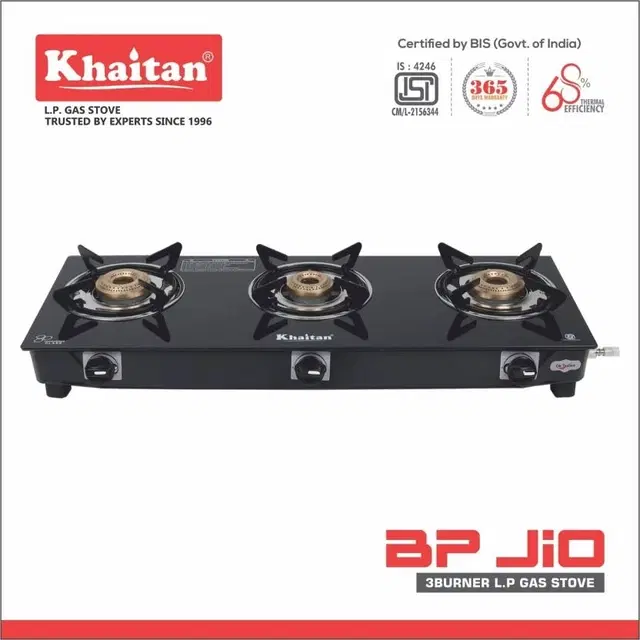 Khaitan 3B BP JIO Black Glass Manual Gas Stove, 3 Burners, Pack of 1