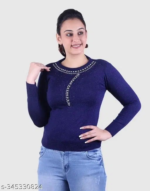 Acrylic Embellished Sweater for Women (Navy Blue, M)