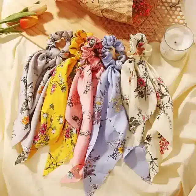 High quality Random Colour & Print scarf Scrunchies Rubber Band (Multicolor) (5 pcs)