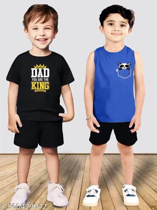 Cotton Blend Printed Clothing Set for Boys, Black & Blue, Pack Of 2 (0-1 Months)