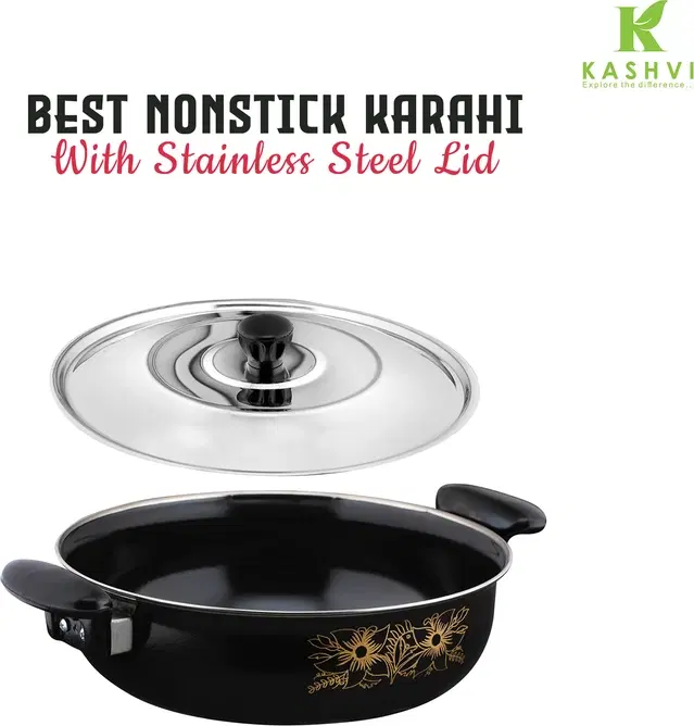 Cast Iron Kadai with Lid, Black & Silver, 28 cm