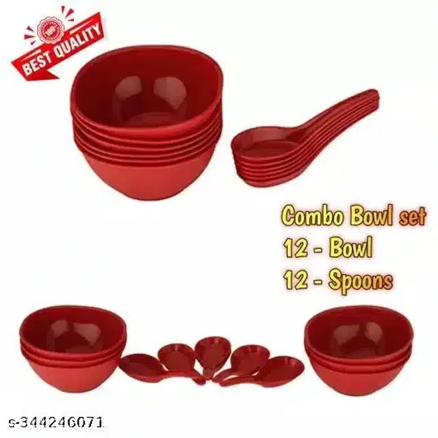 Plastic 6 Pcs Bowls, 250 ml with 6 Pcs Spoons, Red, Set of 2