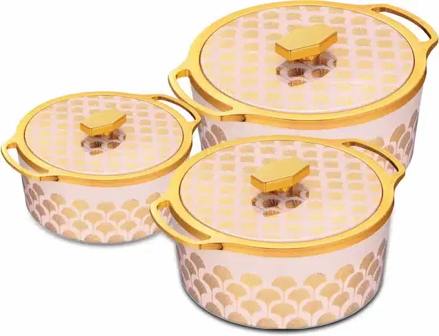 Combo of 1000 ml, 1500 ml & 2500 ml Casserole with Lid, Gold & Light Pink, Pack of 3