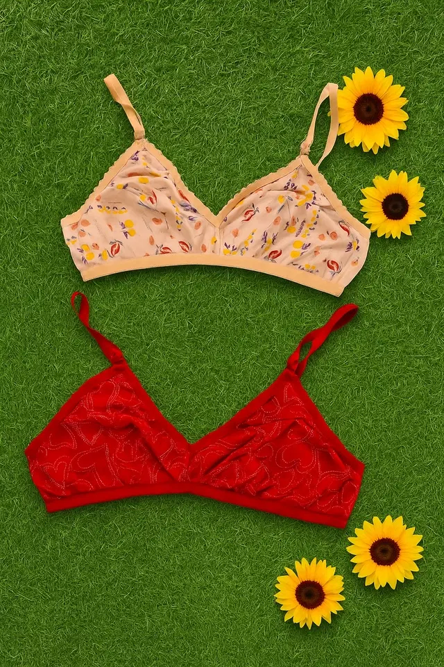 Hosiery Printed Non-Padded Bras for Women, Pack  of 2, Multicolor (30 B)