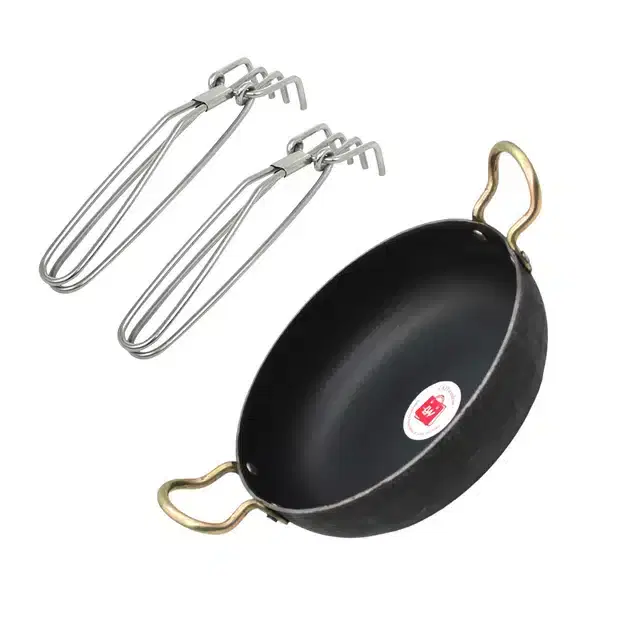 Iron Kadai with 2 Pcs Stainless Steel Tongs, Black, Set of 2